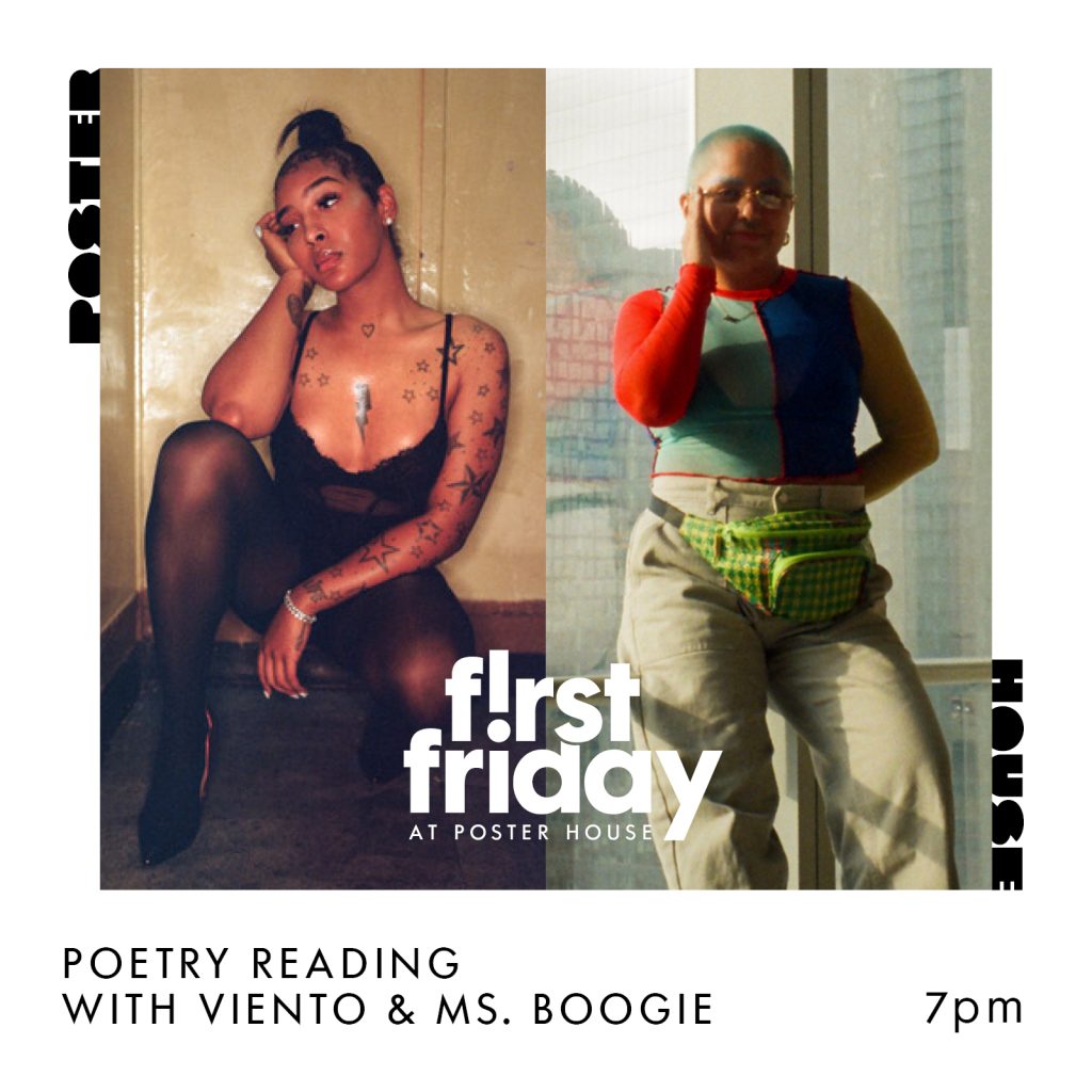First Friday promotion featuring a photograph of two people on a splitscreen. Text reads First Friday at Poster House Poetry Reading with Viento and Ms. Boogie 7pm.