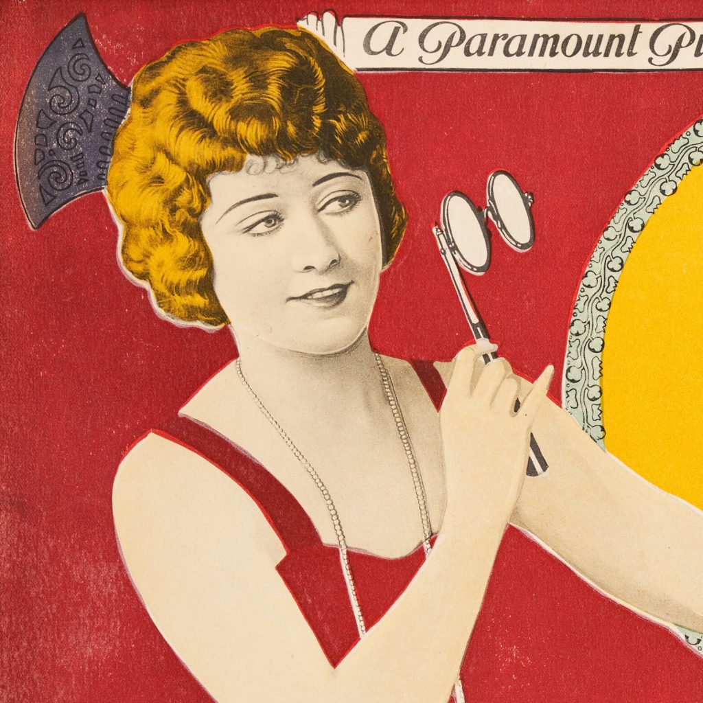 lithographic image of a woman looking at an object through opera glasses on a red background