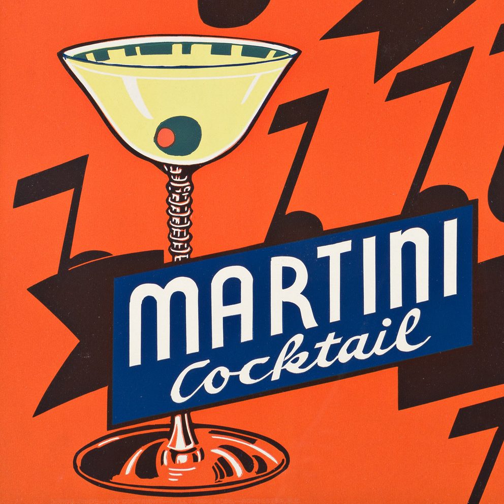 an illustrated window card featuring a martini on an orange background