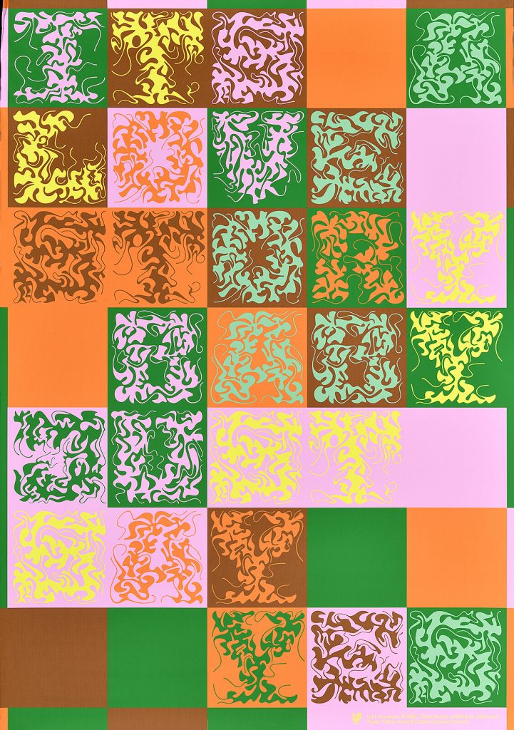 photo offset poster in 1970s colors featuring a quilted background with floral letters inside each square spelling out Taylor Swift lyrics.