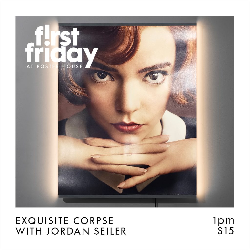 Announcement promoting First Friday event featuring a backlit photograph of a woman looking intensely at the camera with red hair and matching lipstick. Text reads First Friday at Poster House Exquisite Corpse with Jordan Seiler 1pm $15.