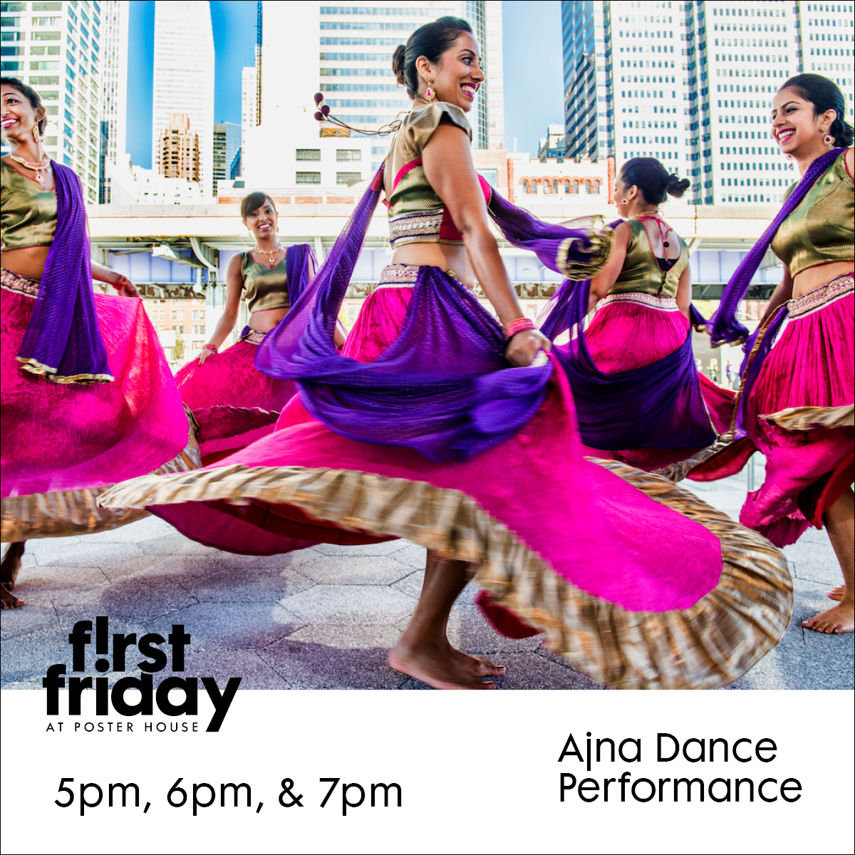 First Friday ad featuring a photo of Indian women dancing.