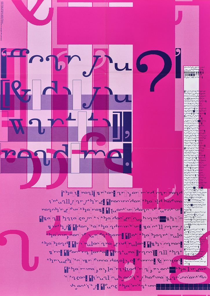 photo offset poster in pink and magenta tones showing the upper half of roman letters in an alphabet.