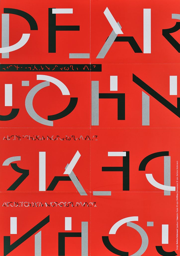 Offset poster of greyscale letters on a bright red background. Each letter is composed of 3 shades of sticks.