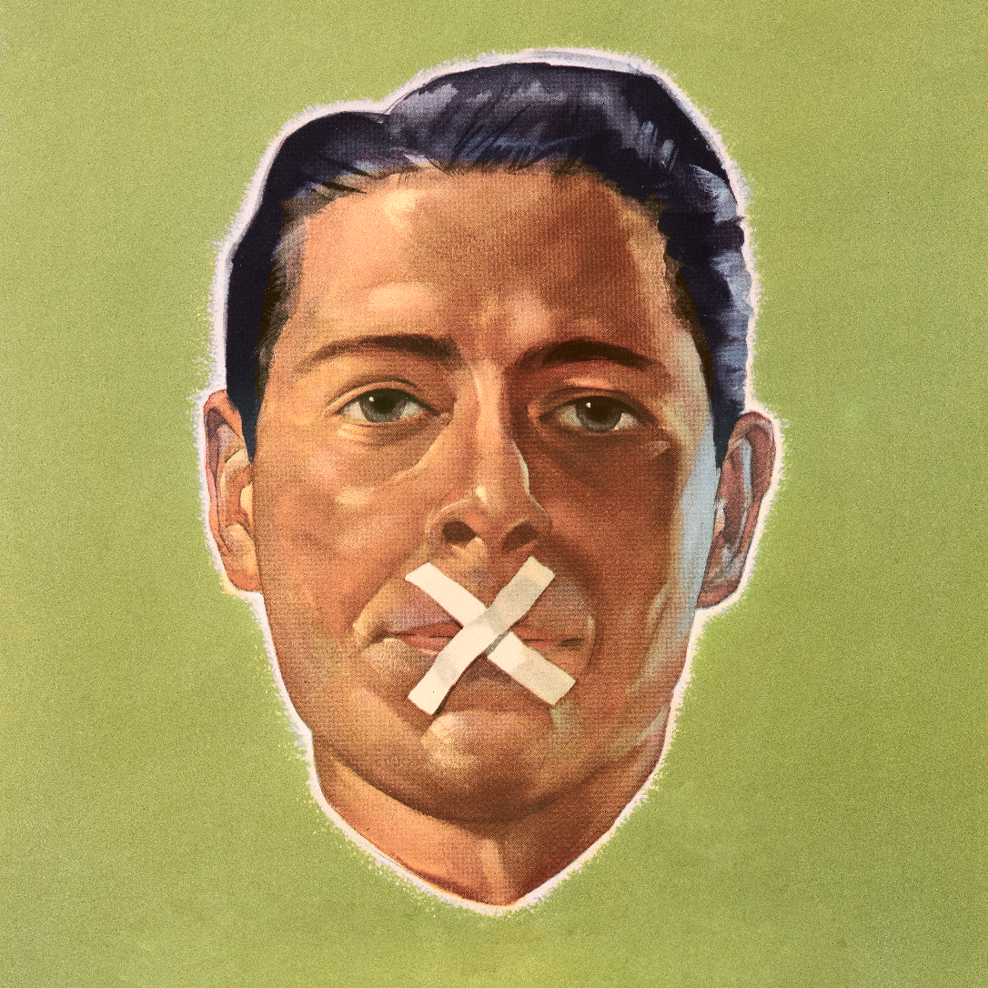 A photo offset poster of a man with tape over his mouth in an x shape