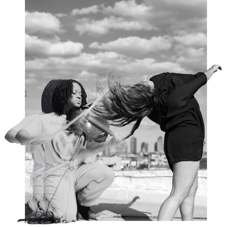 A black and white composite image of shira kagan-shafman dancing and Leandria Lott playing violin beneath a cloudy sky.