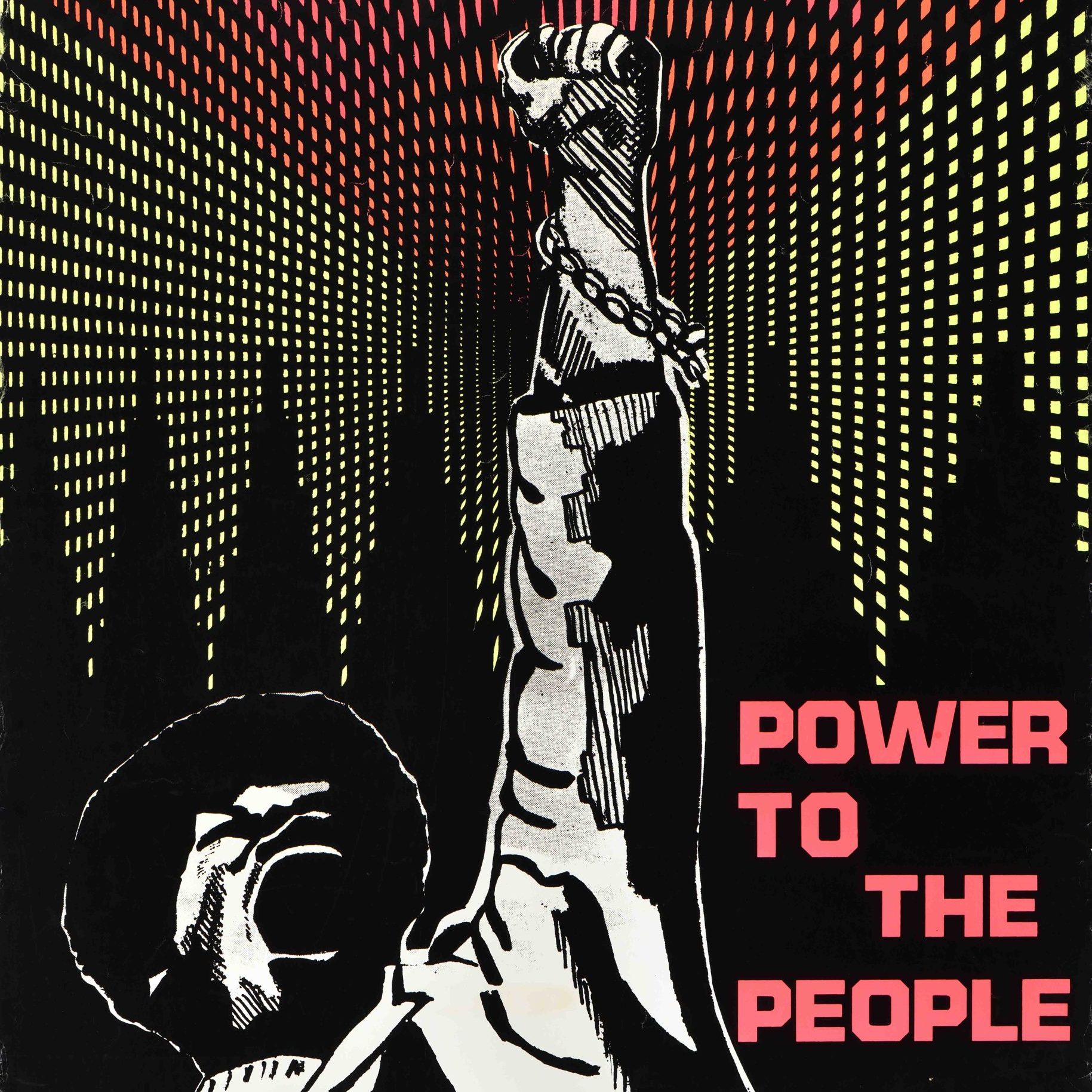 silkscreen poster of a black figure holding a raised fist against the backdrop of a city