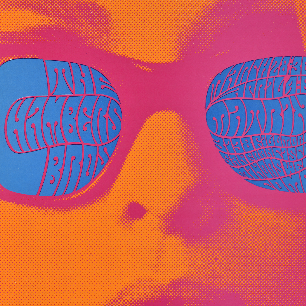 A poster featuring a woman wearing sunglasses with blue wavy lettering in the lenses against an orange background.
