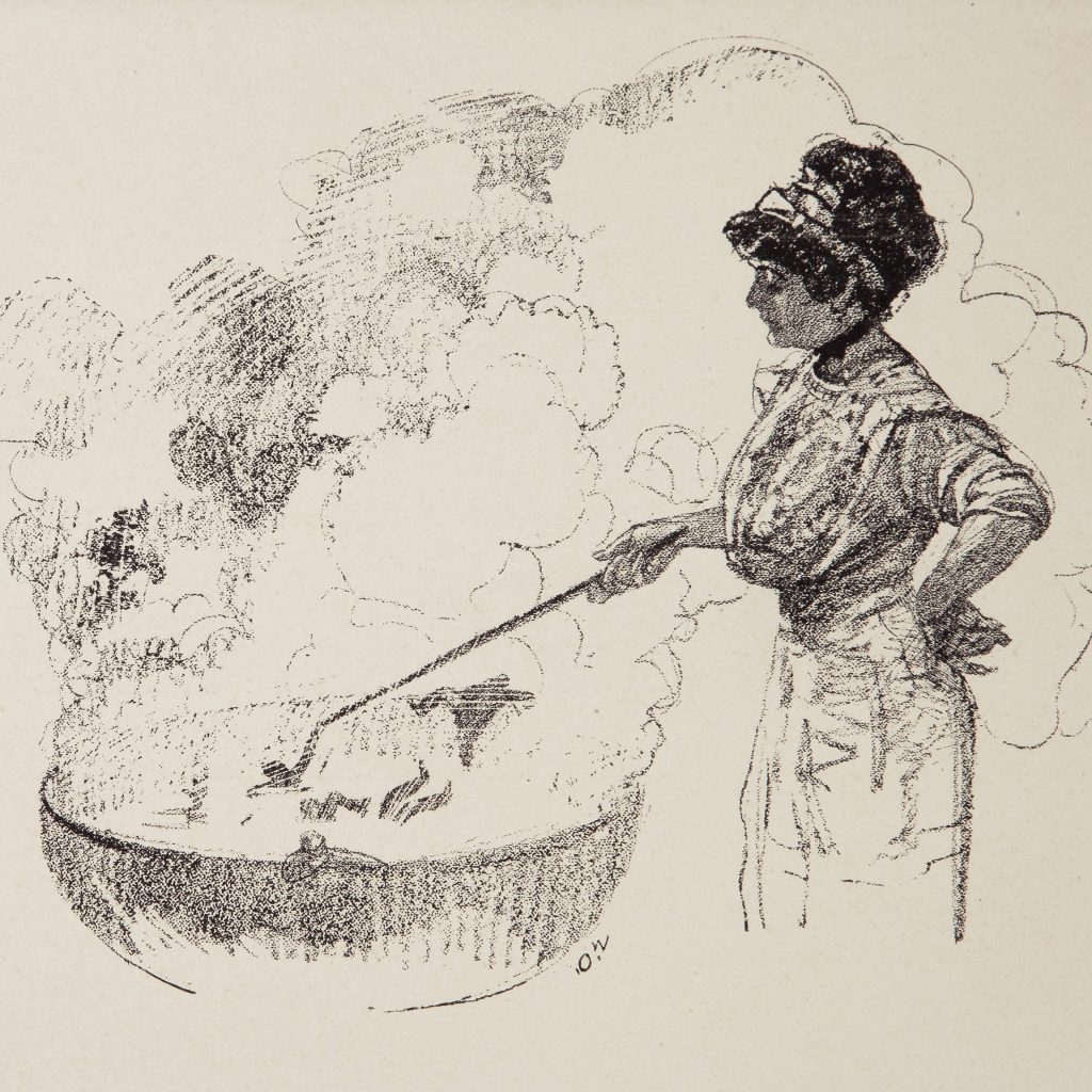 A magazine image of a servant woman laundering clothes in a large pot
