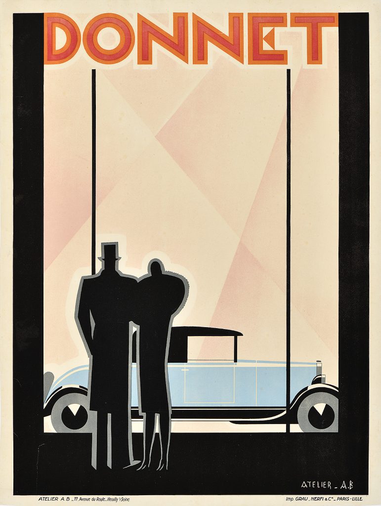 Lithographic poster of a fancy couple looking through a showroom window at a luxury car.