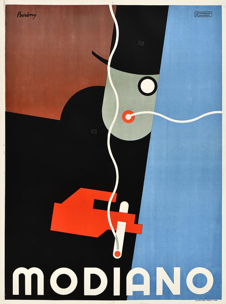Lithographic poster of a geometric man in a top hat smoking a cigarette.