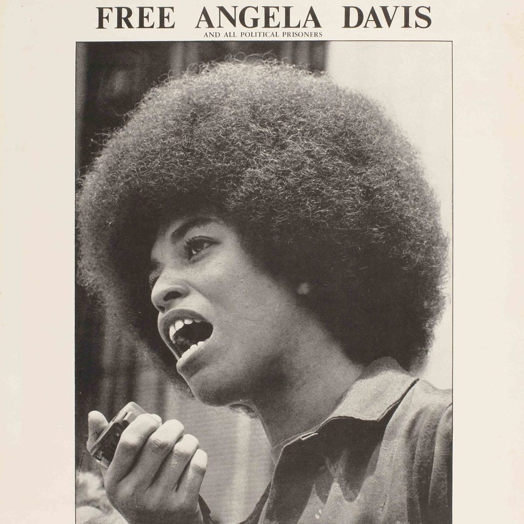 A scan of a paper flyer with an image of Angela Davis.