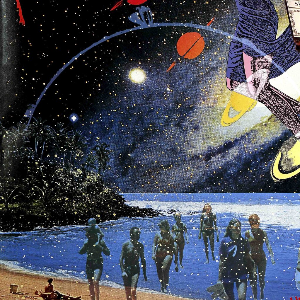 A photo offset poster of a woman floating in space next to brandy above people in an ocean.