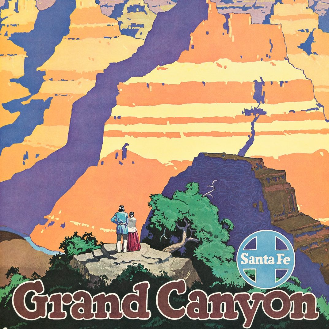 An illustrated poster depicting two people in the foreground looking out at the Grand Canyon.