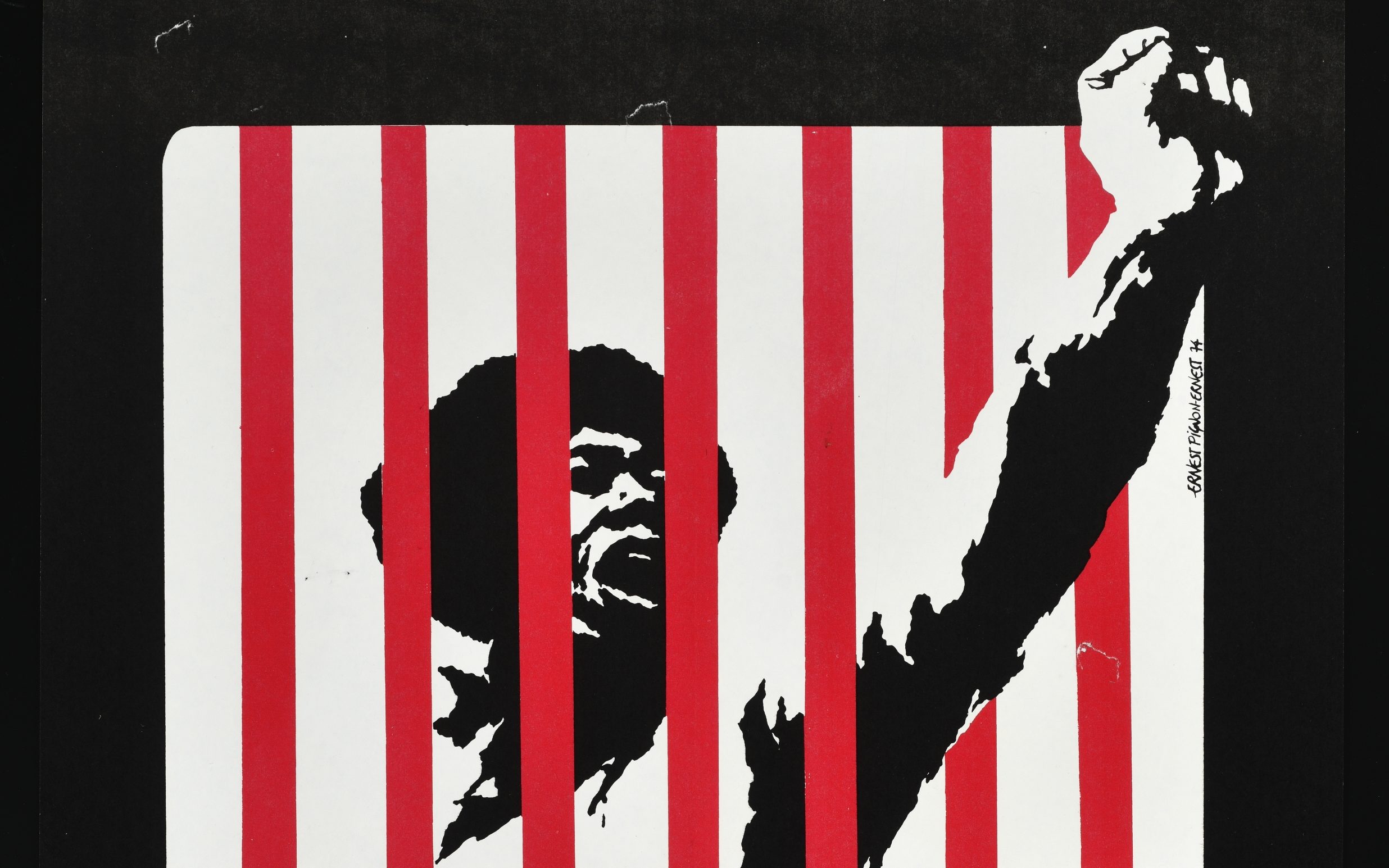 Poster of a man behind bars raising his fist.
