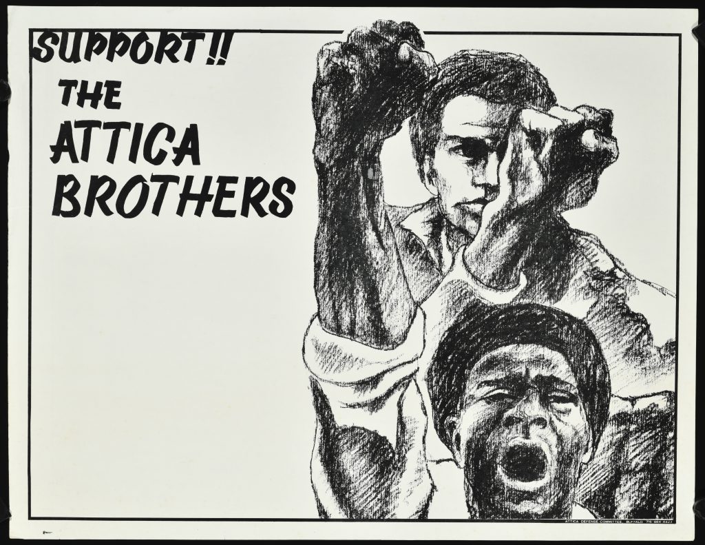 Poster of two men with raised fists in black and white, shouting.