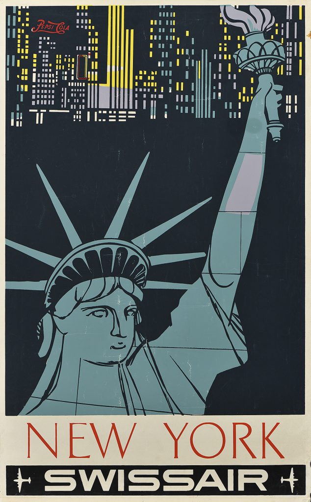 Poster of the upper half of the statue of liberty with the New York skyline behind her.