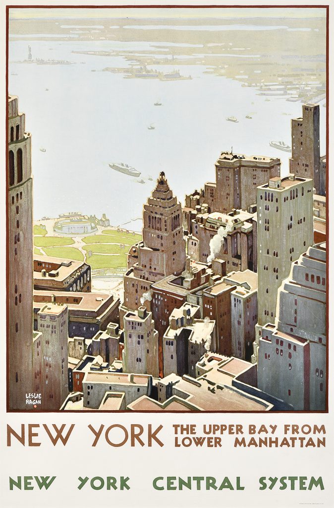 Poster of a bird's eye view of the lower Manhattan skyline overlooking the bay.