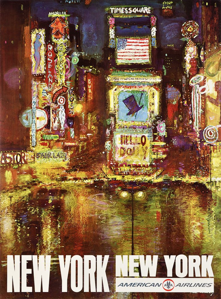 Poster of Times Square in the rain with all of the theater posters and lights lit up at night.