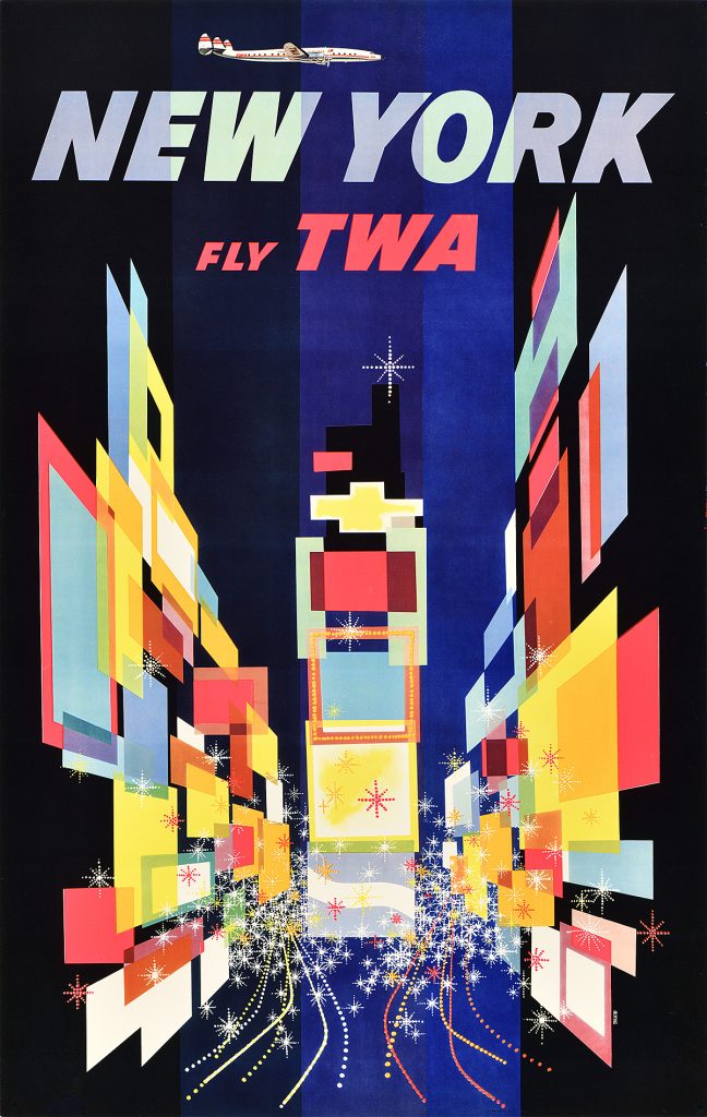 Poster of a geometric view of Times Square made of colorful rectangles.