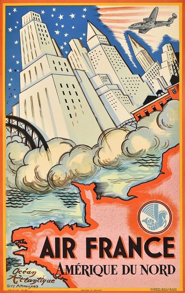 Poster from the continent of France looking up at a city skyline in the sky.