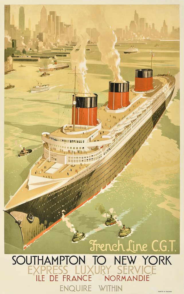 Poster of a giant ship being accompanied by tugboats through a harbor, seen from above.