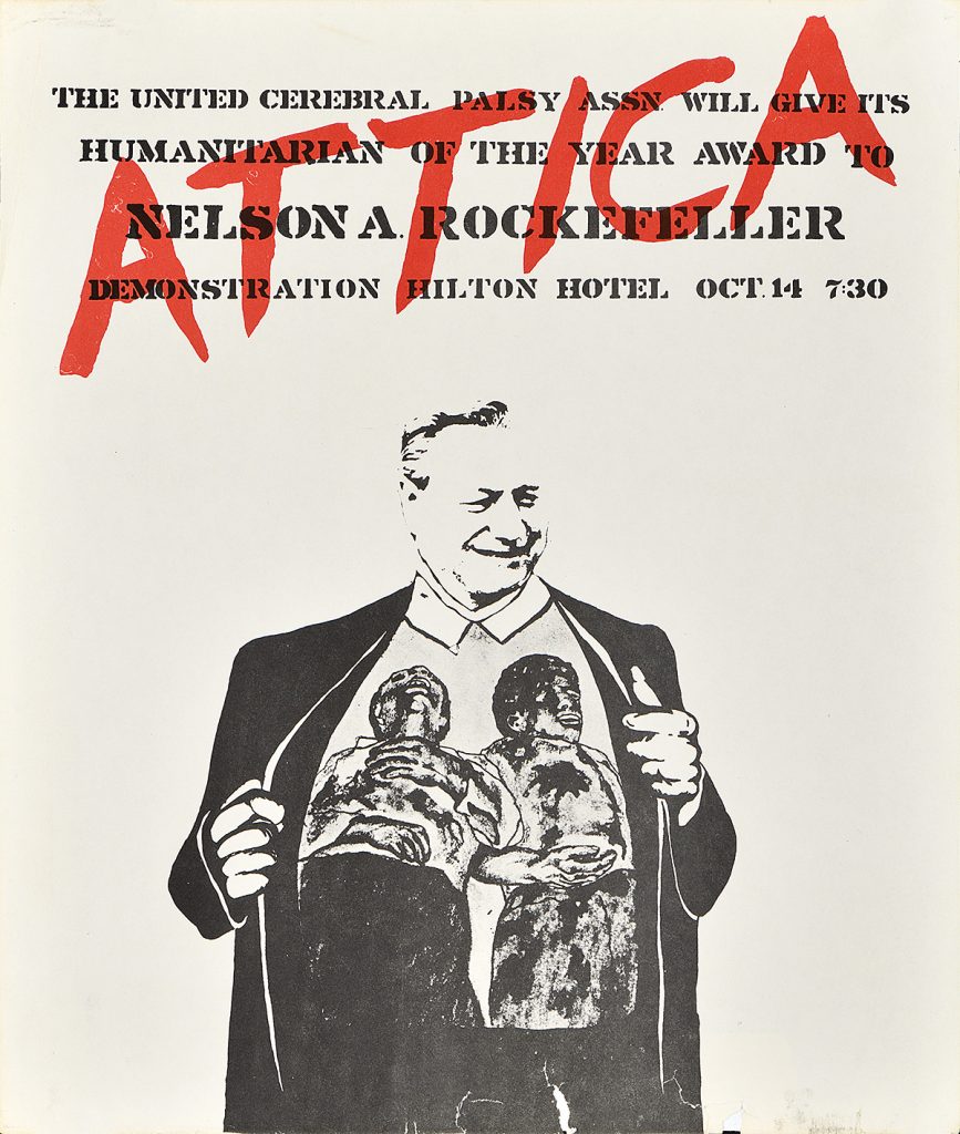 Poster of a large business man pulling apart his blazer to reveal two figures.