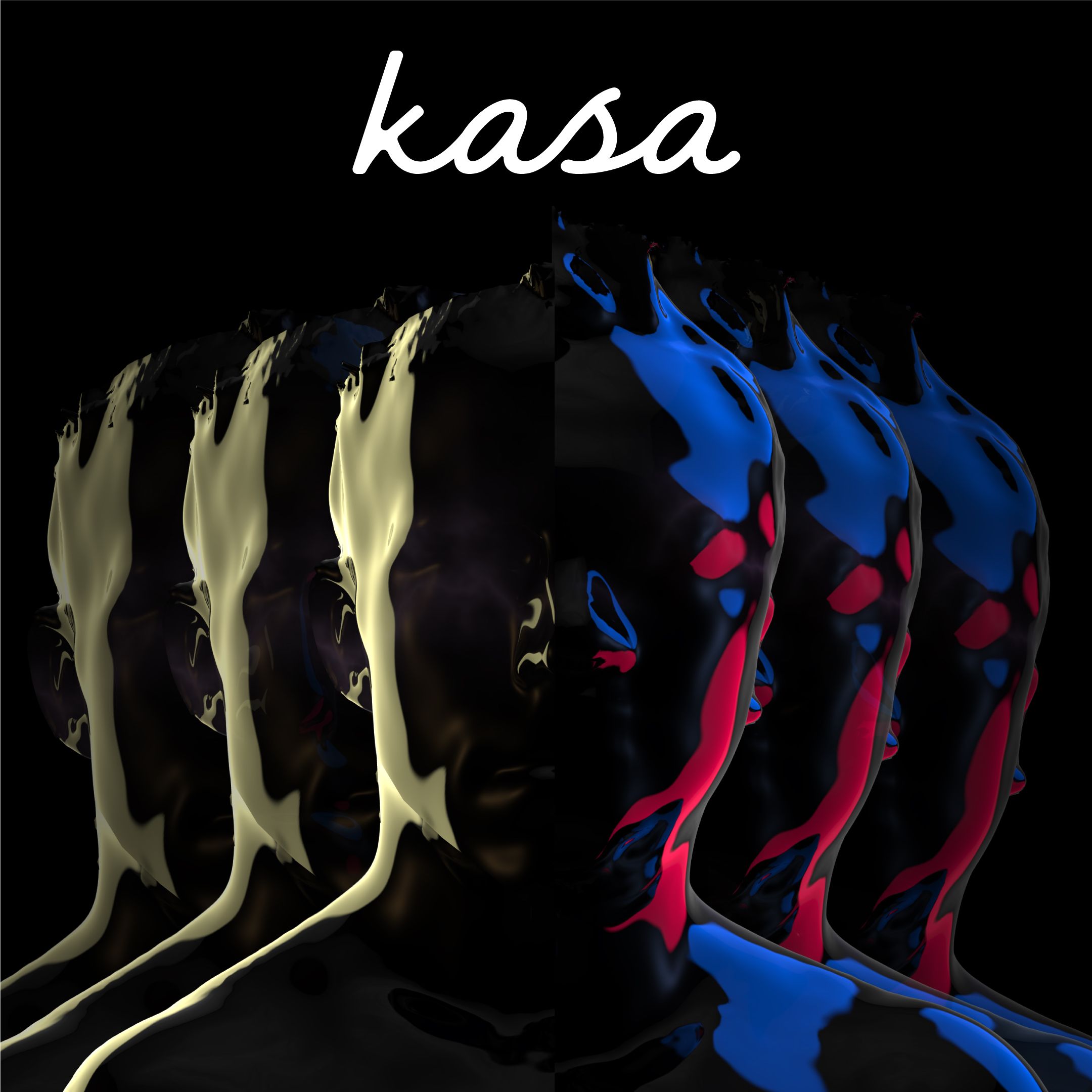 a digital graphic featuring a multicolored silhouette of a man's head moving side to side under cursive script that says Kasa.