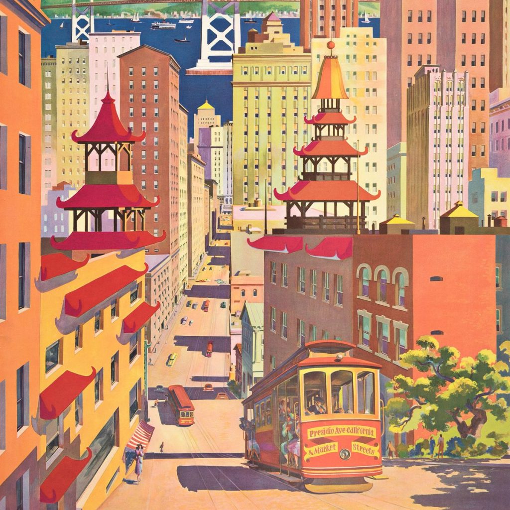 an illustration of san francisco with chinatwon and a trolley in the foreground