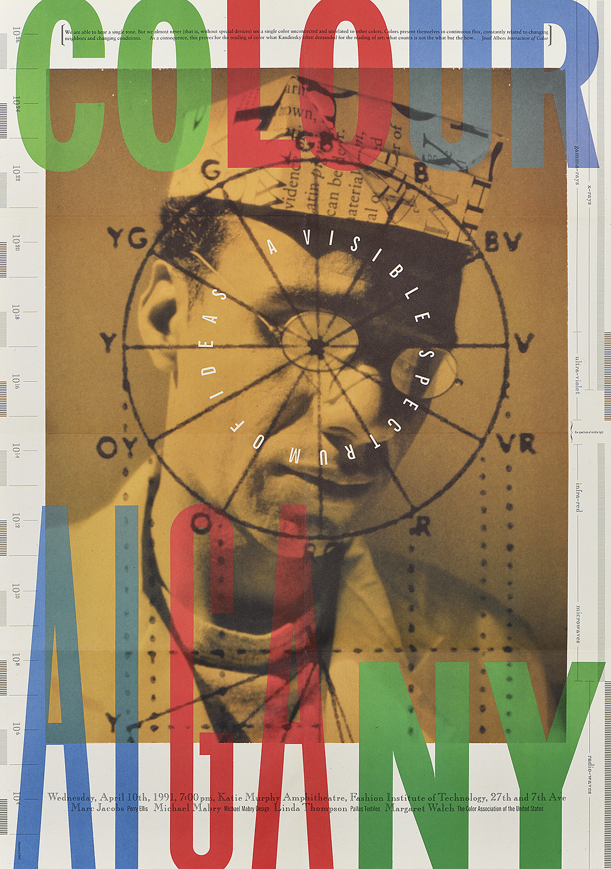 A sepia toned photographic poster of a man's head superimposed by a drawing of a color wheel.