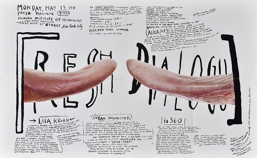 A poster of two long tongues reaching toward each other surrounded by black handwriting.
