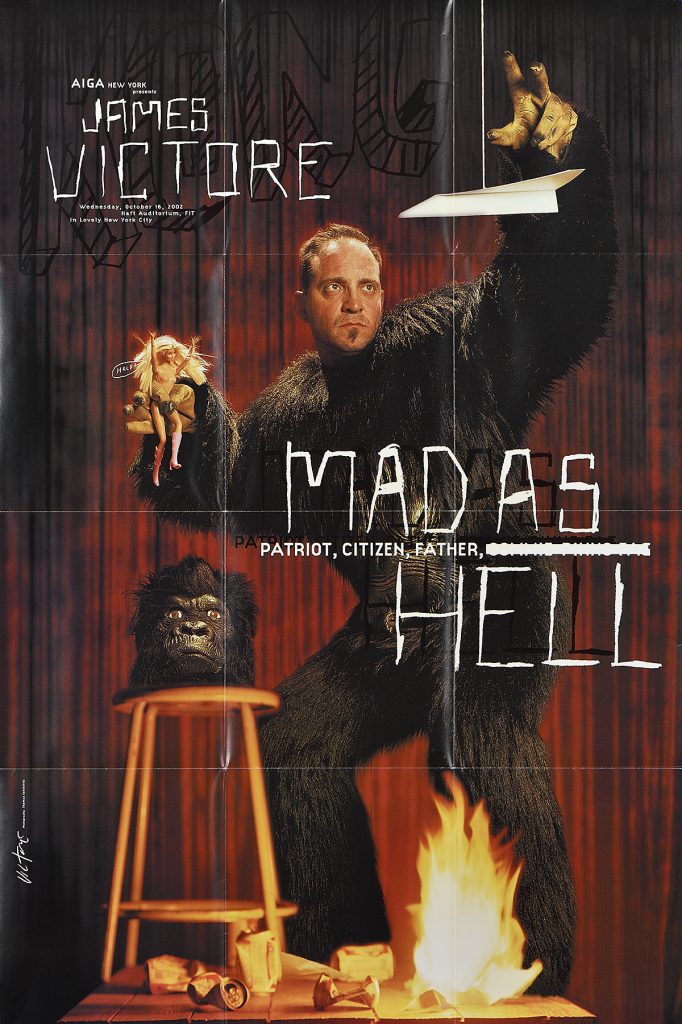A photographic poster of a man in a gorilla suit holding a Barbie and reaching for a paper airplane above flames.