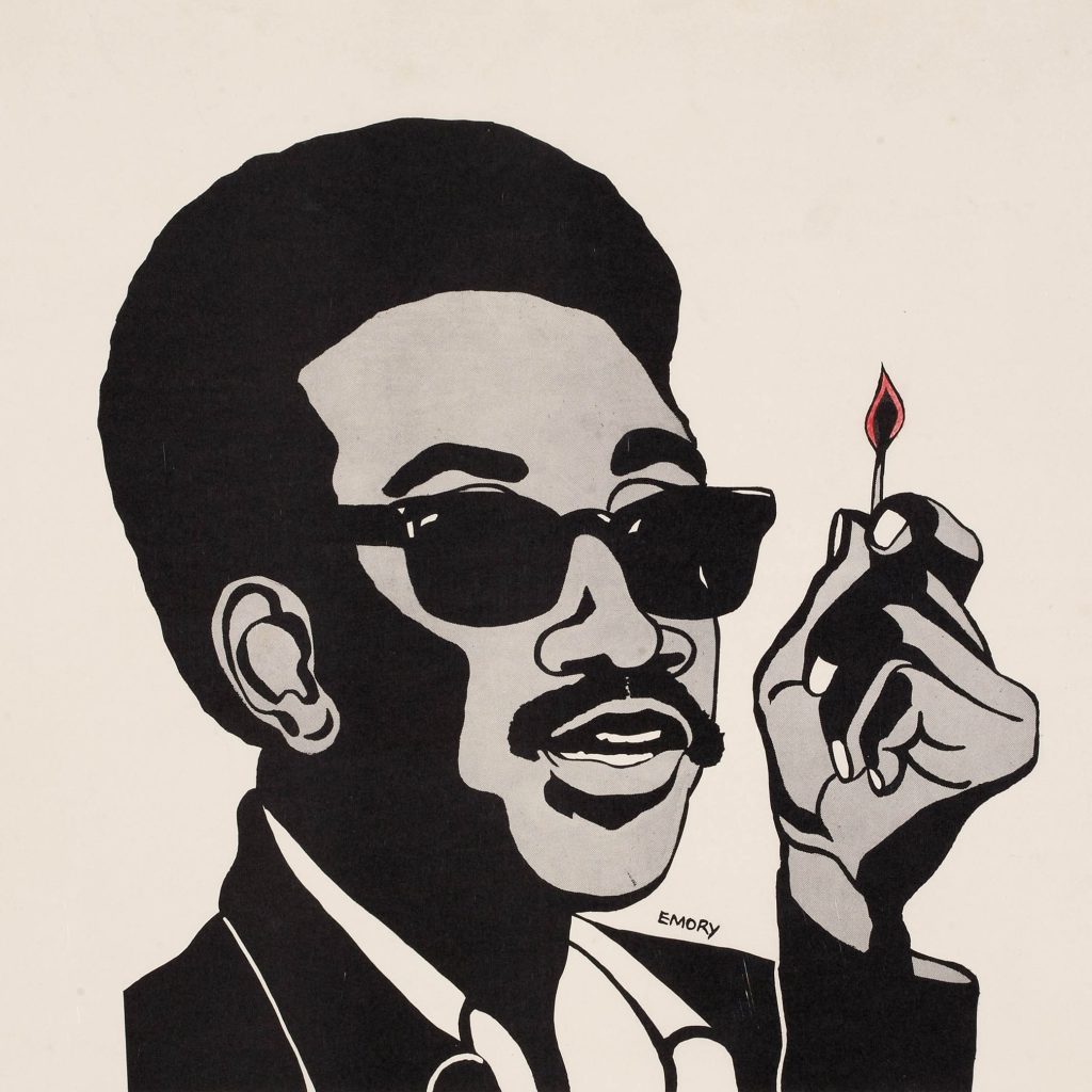 An illustrated print of a Black man wearing a suit and sunglasses holding a lit match.