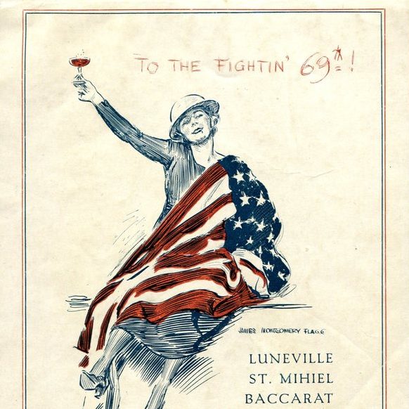 A illustrated image of a women holding a drink wrapped in an American flag.