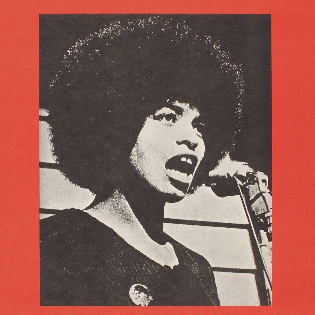 A flyer of a black and white photo of a Black Woman at a microphone during a rally.