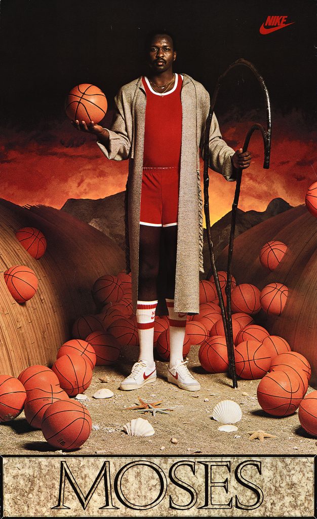 Poster of a basketball player dressed in a tan robe, parting a sea of basketballs.