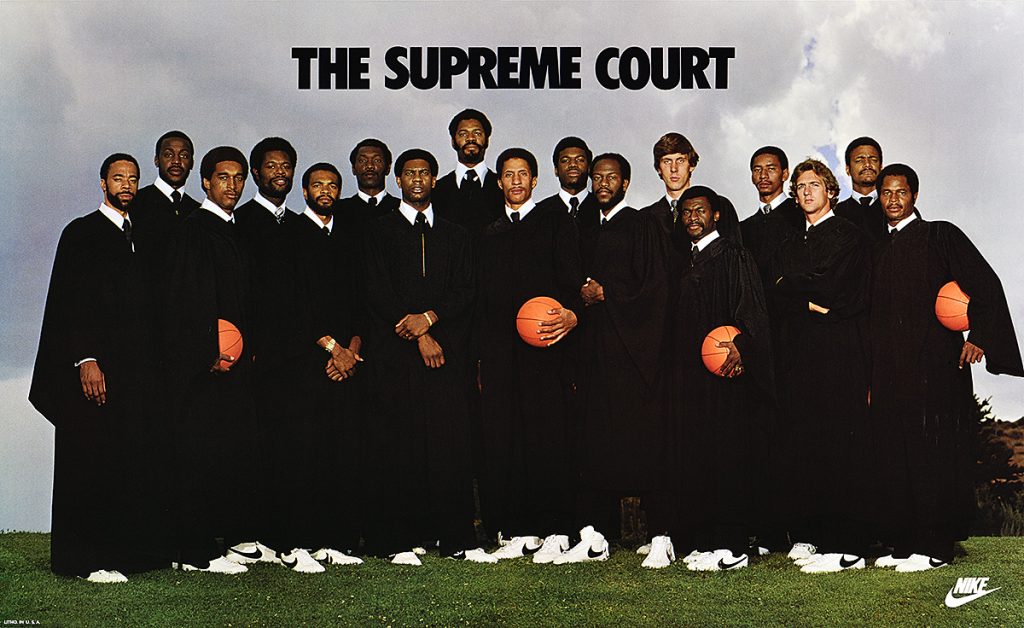 Poster of a basketball team dressed as Supreme Court Justices.
