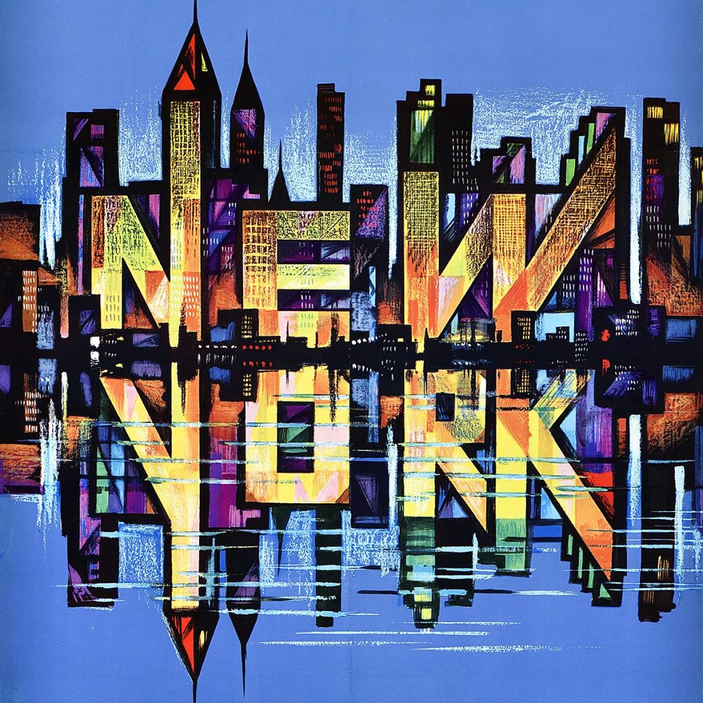 A poster image of the skyline of New York City spelling 