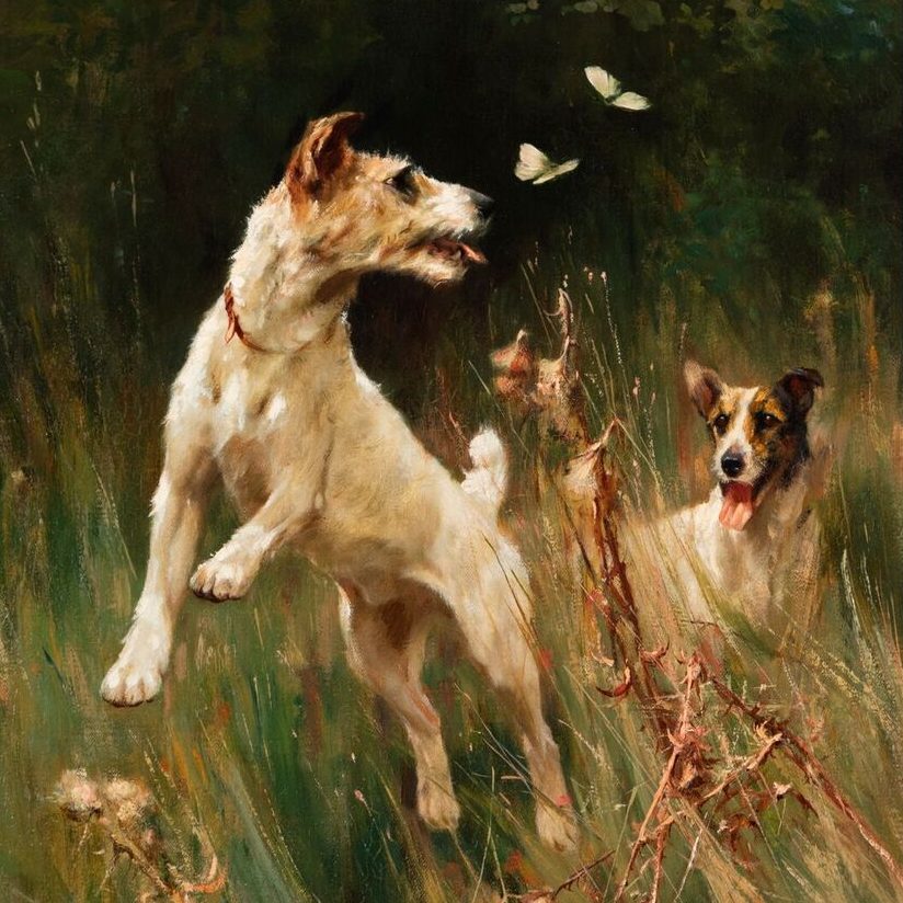 A painted image of a terrier chasing birds