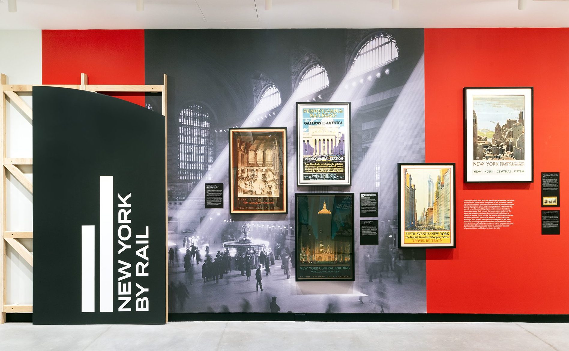 Photograph showing the gallery installation of the New York City travel poster exhibition