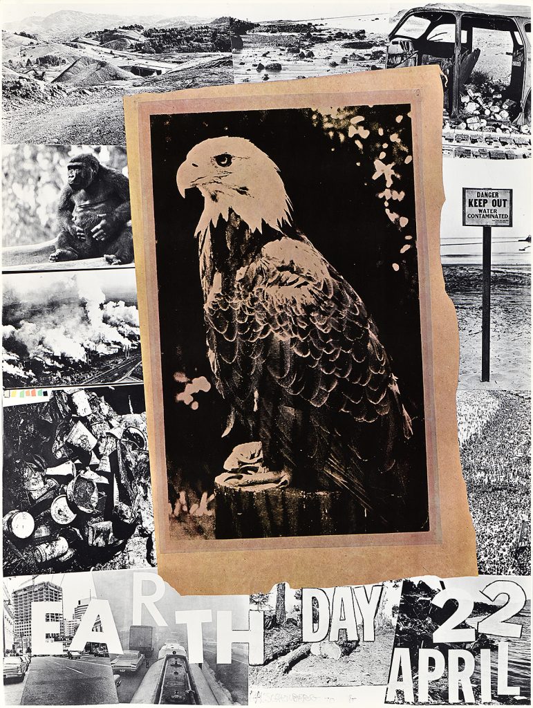 Poster of an eagle surrounded by photographs of mass devastation.