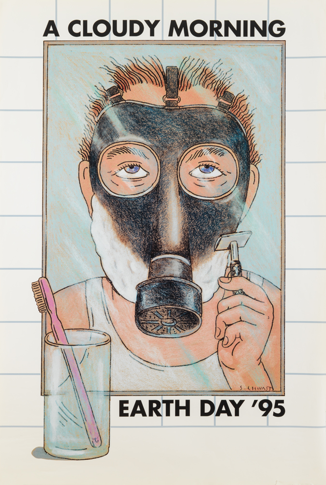 Poster of a man shaving in a mirror while wearing a gas mask.