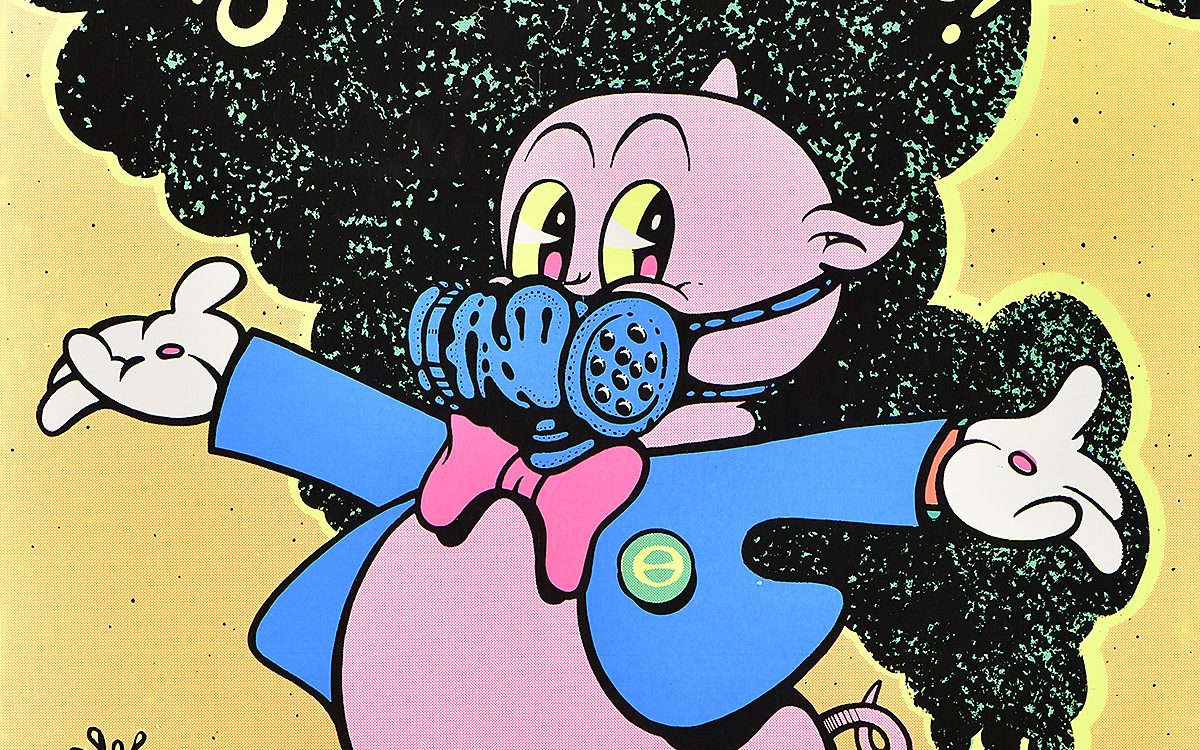 A poster of porky pig wearing a gas mask with cursive text reading 