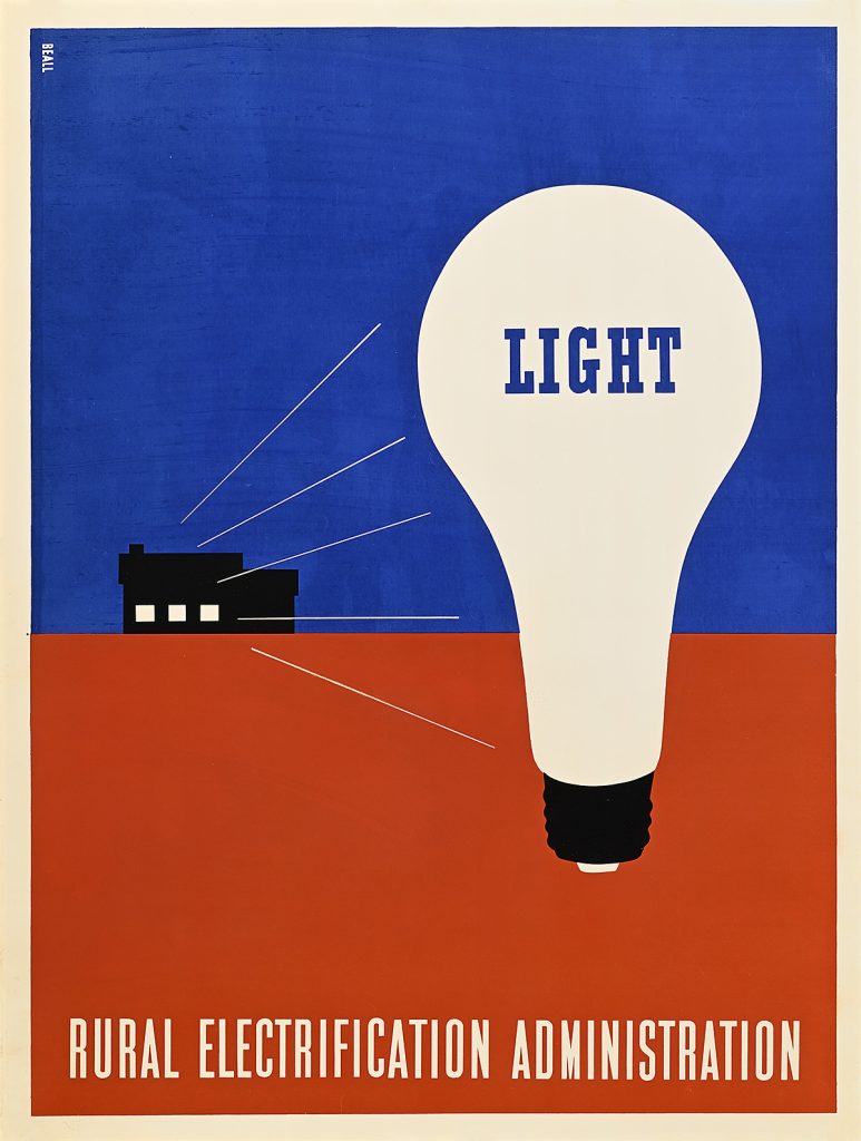 Poster of a giant lightbulb on a red and blue background with rays coming out of a house.