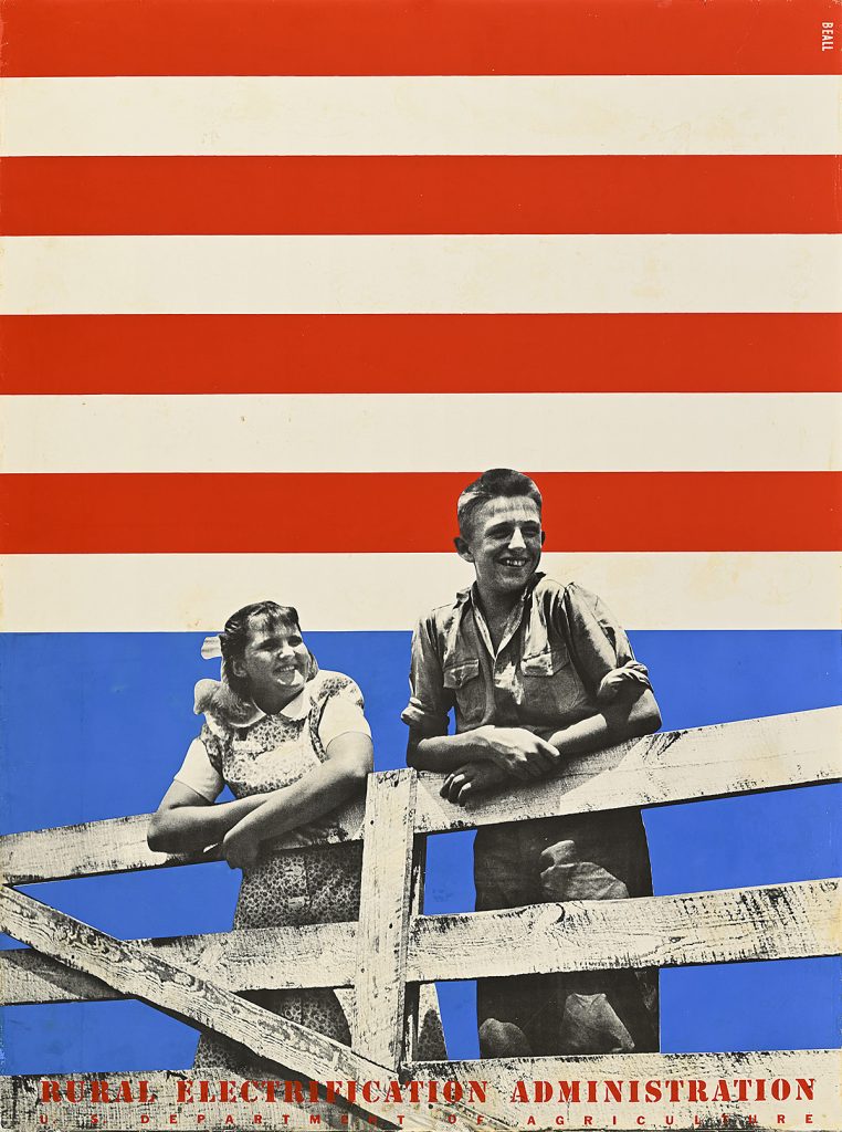 Poster of two children leaning on a fence against an American flag motif.