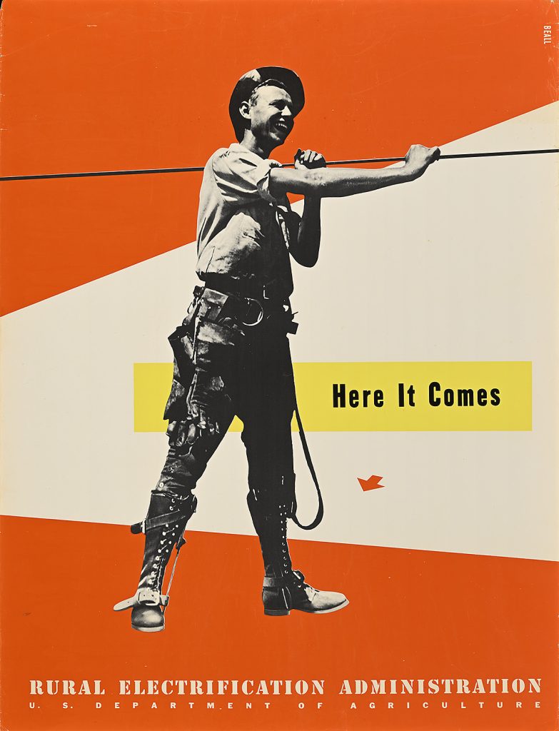 Poster of a young man carrying an electrical pole against a red background.