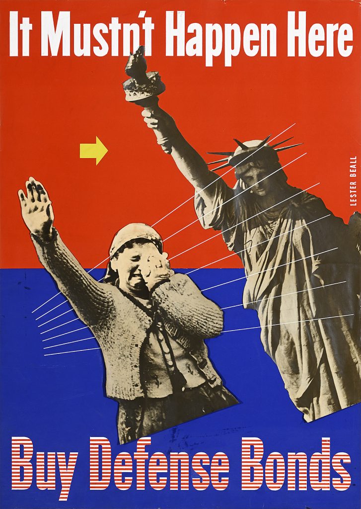 Poster of a woman crying with her hand raised next to an image of the Statue of Liberty.