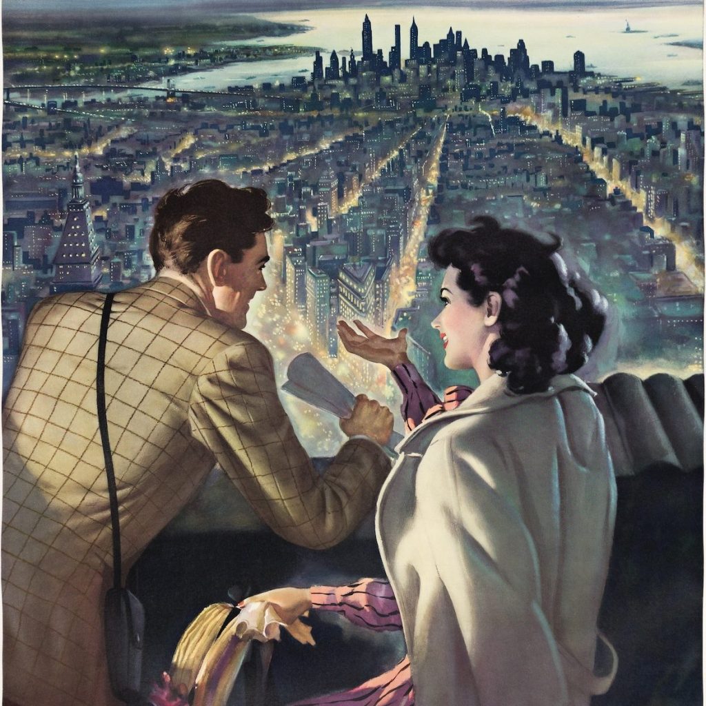 A man and a woman stand together on top of a building