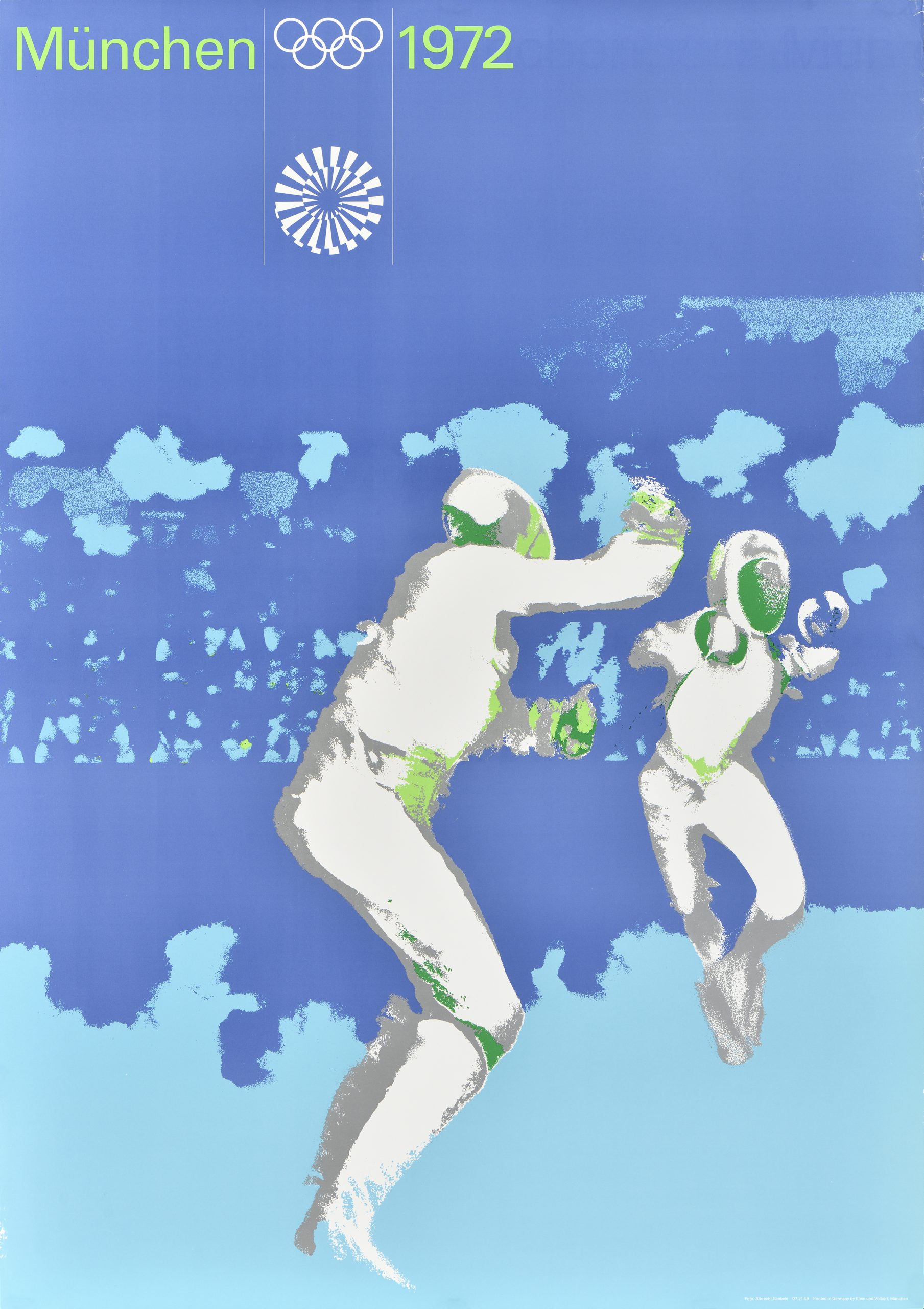 Posters of two fencers mid-fight against a blue background.