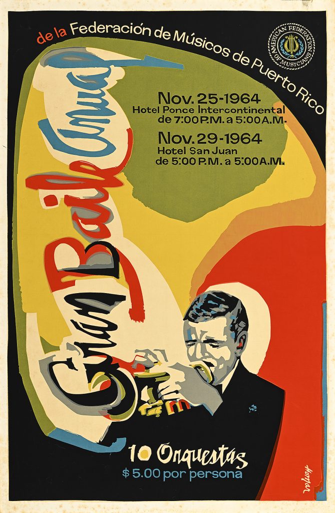 Poster of a man playing the trumpet with words emerging from the instrument.